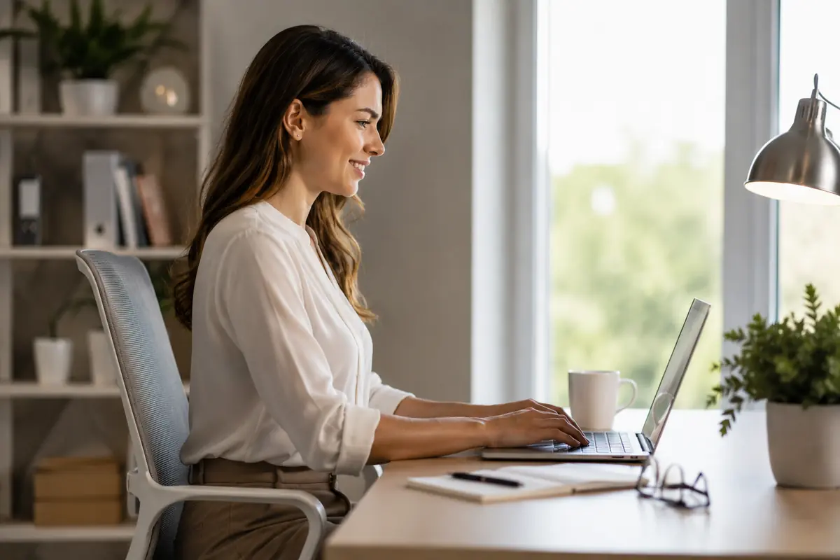 Donna al pc con postura corretta